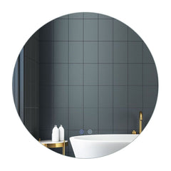 70 cm Round LED Lighted Mirror Wall Mounted Bathroom Mirror with a white bathtub and gold tap