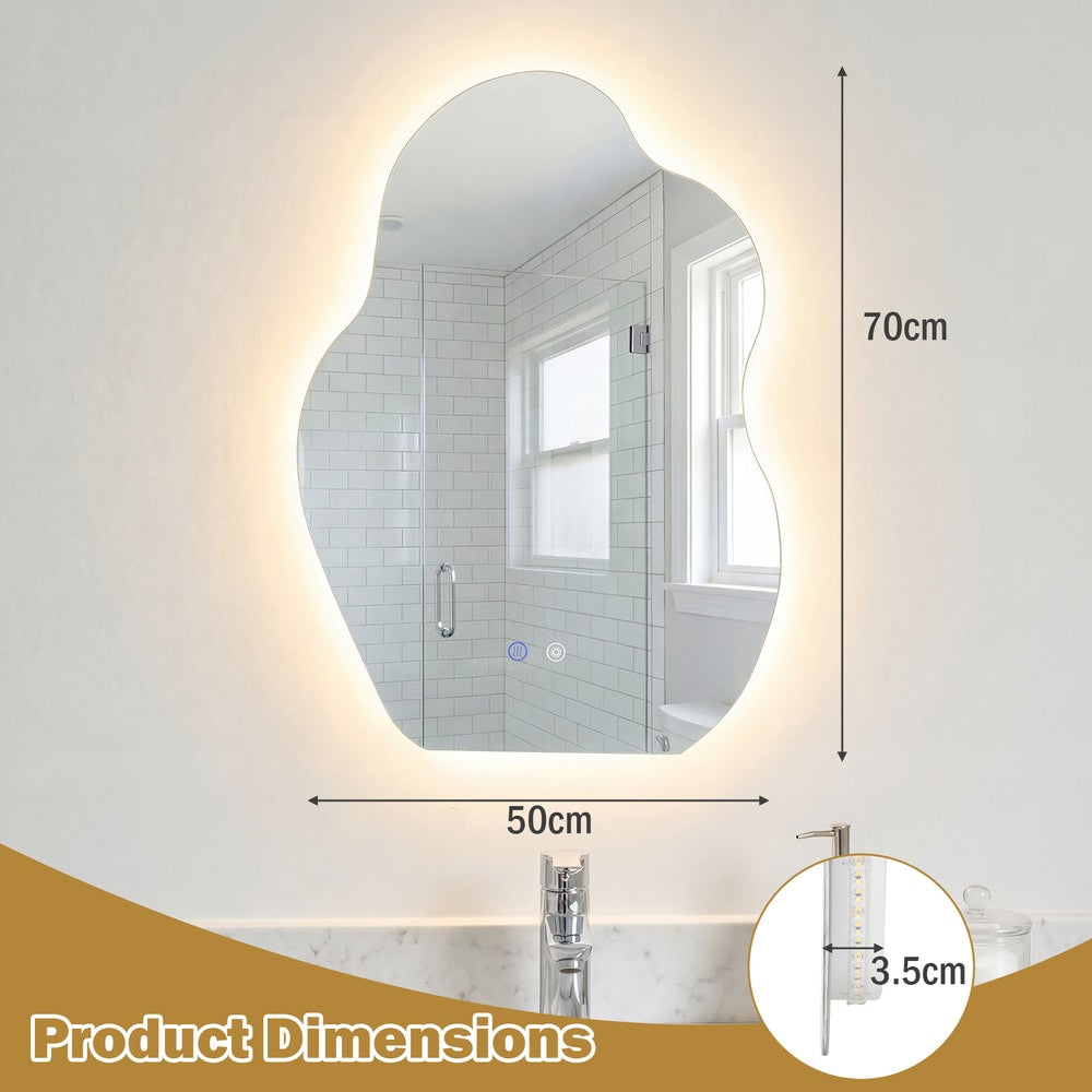 The irregular LED bathroom mirror with 3 light colors, showing dimensions