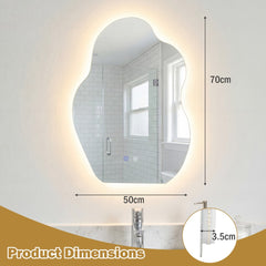 The irregular LED bathroom mirror with 3 light colors, showing dimensions