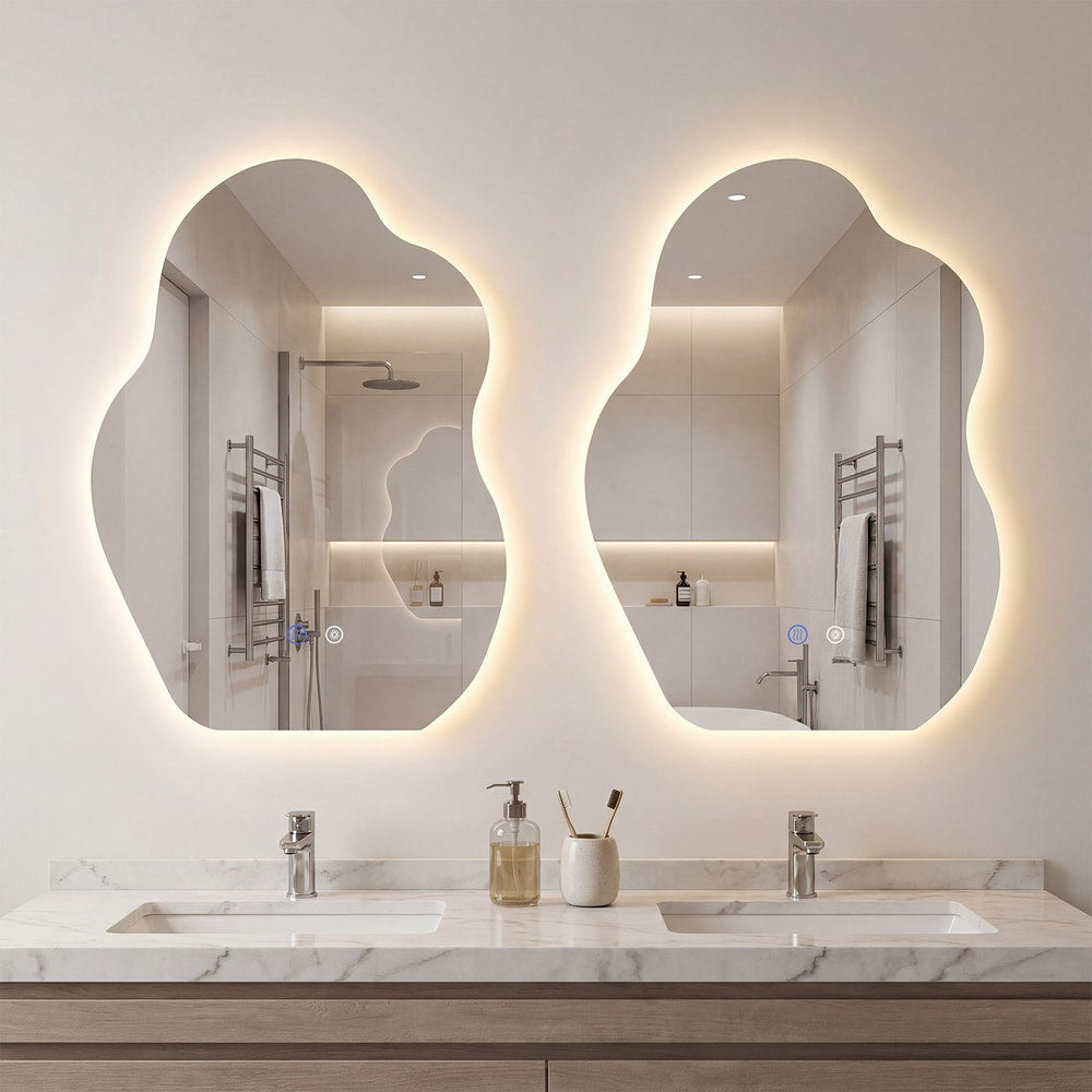 Two irregular LED bathroom mirrors with 3 light colors side by side