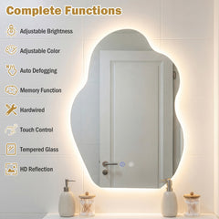 The irregular LED bathroom mirror with 3 light colors, detailing its functions