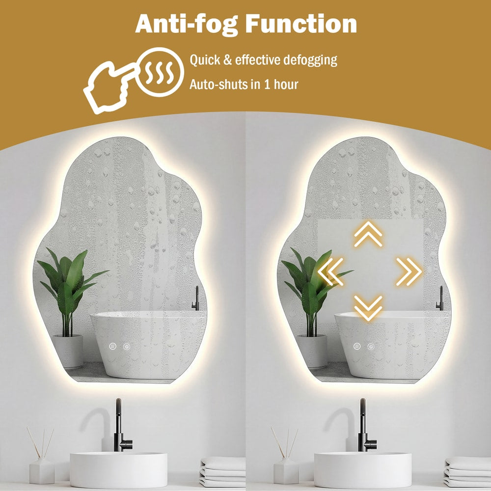 The irregular LED bathroom mirror with 3 light colors, demonstrating its anti-fog function