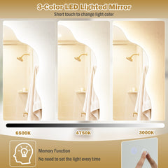 The irregular LED bathroom mirror with 3 light colors, showing its three light color options