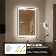 The wall mirror with dimension lines and included mounting hardware and gloves