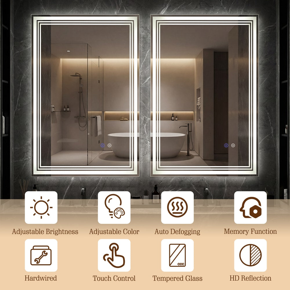 The bathroom mirror displayed with icons showing various technical features and settings