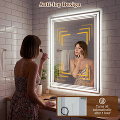 The bathroom mirror in use by a woman applying makeup with an anti-fog overlay graphic