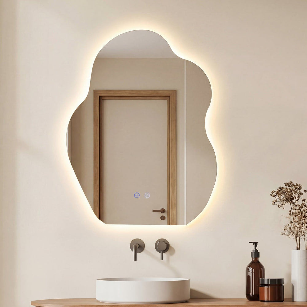 70 x 50 CM Irregular LED Bathroom Mirror with 3 Light Colors, illuminated in a bathroom setting