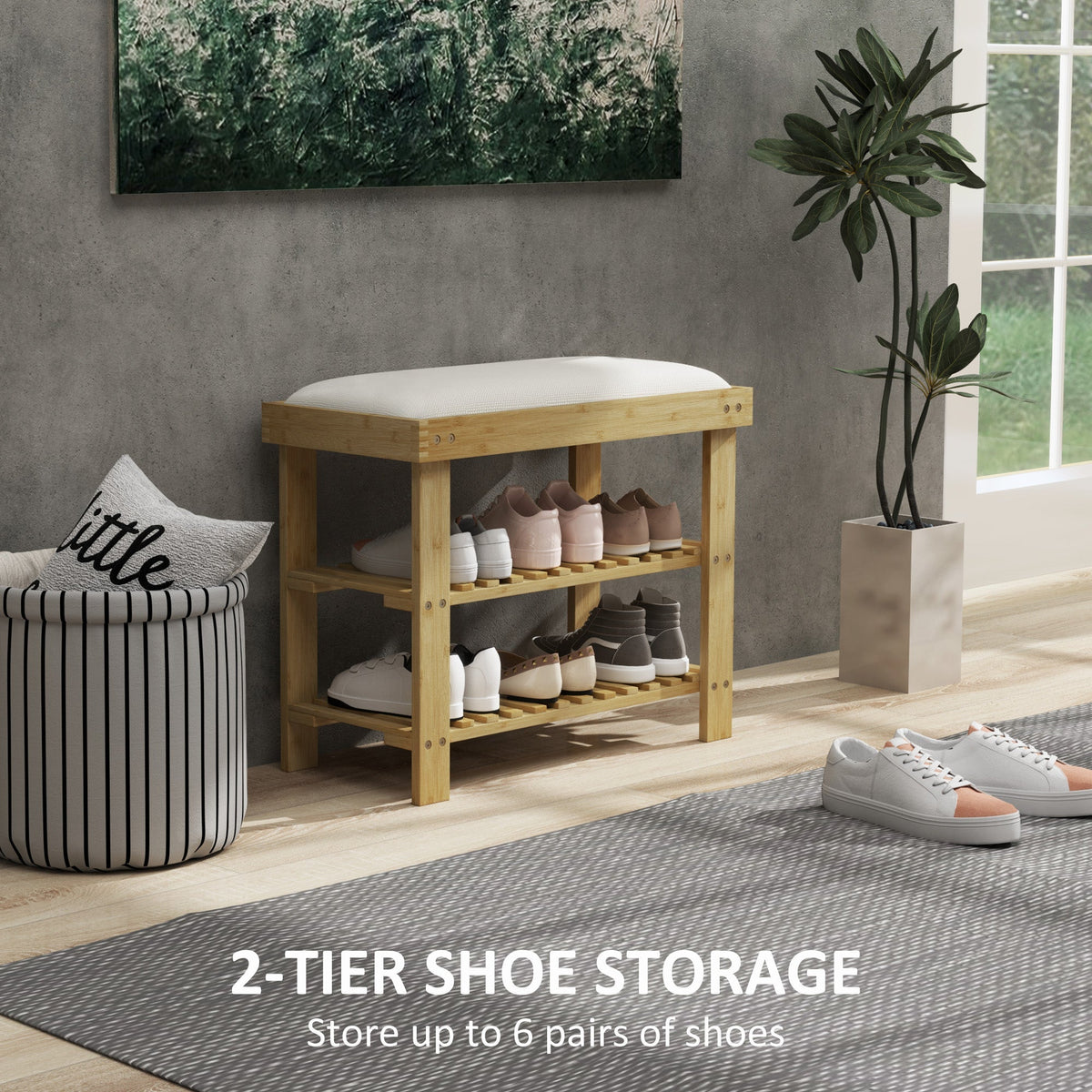 HOMCOM Bamboo Shoe Storage Bench, 3-Tier Shoe Bench with Seat Cushion, Shoe Rack for Entryway, Hallway, Living Room, Bedroom, Cream White