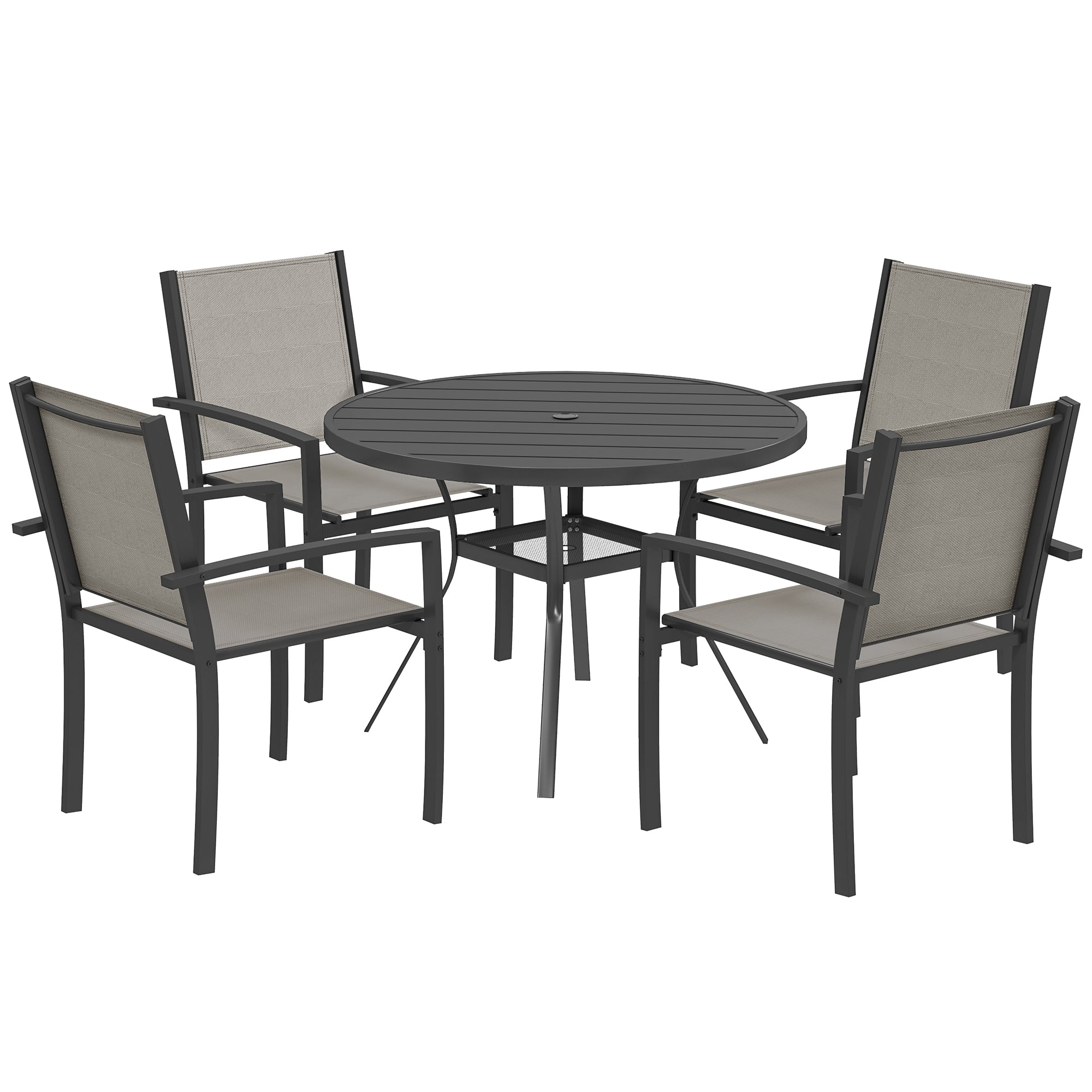 Outsunny 5 Piece Garden Furniture Set, Garden Dining Set with Round Table and 4 Stackable Chairs, Steel Frame, for Outdoor, Patio, Terraces, Dark Grey
