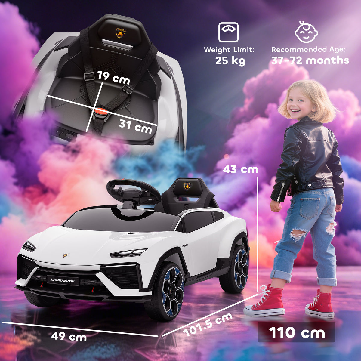 AIYAPLAY 12V Licensed Lamborghini Electric Cars for Kids, Ride On Car with Remote Control for 3-6 Years Old, White