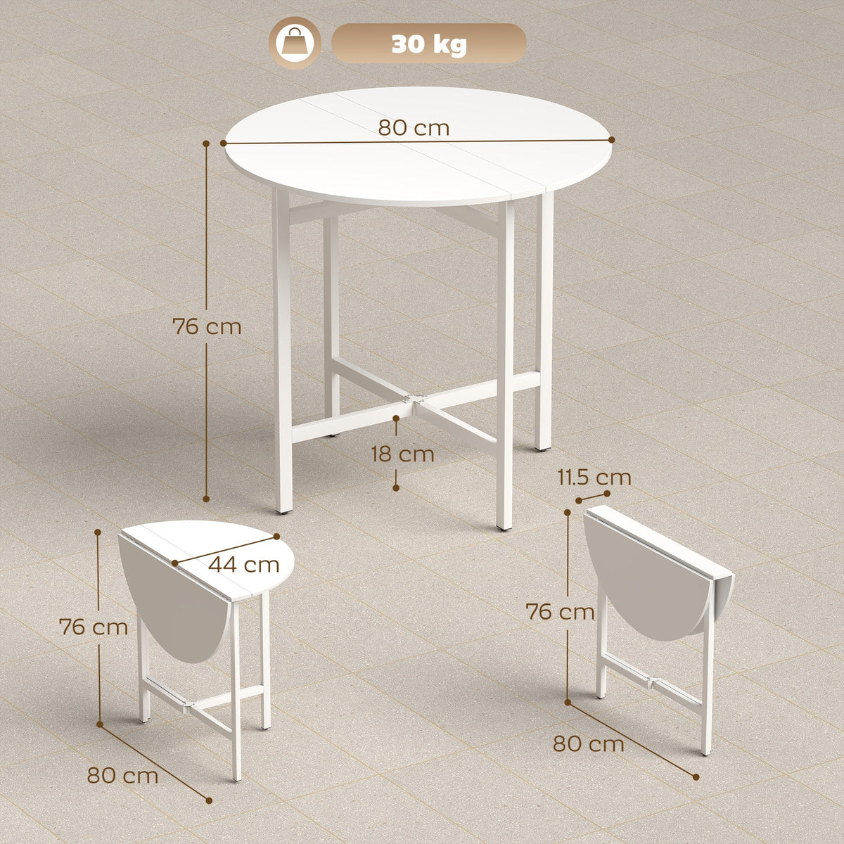 HOMCOM Collapsible Drop Leaf Table, Folding Dining Table for Small Spaces, Extendable Kitchen Table with Steel Frame, White