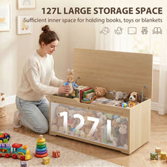 HOMCOM 127L Home Storage Box, with Safety Hinges - Nature Wood Finish
