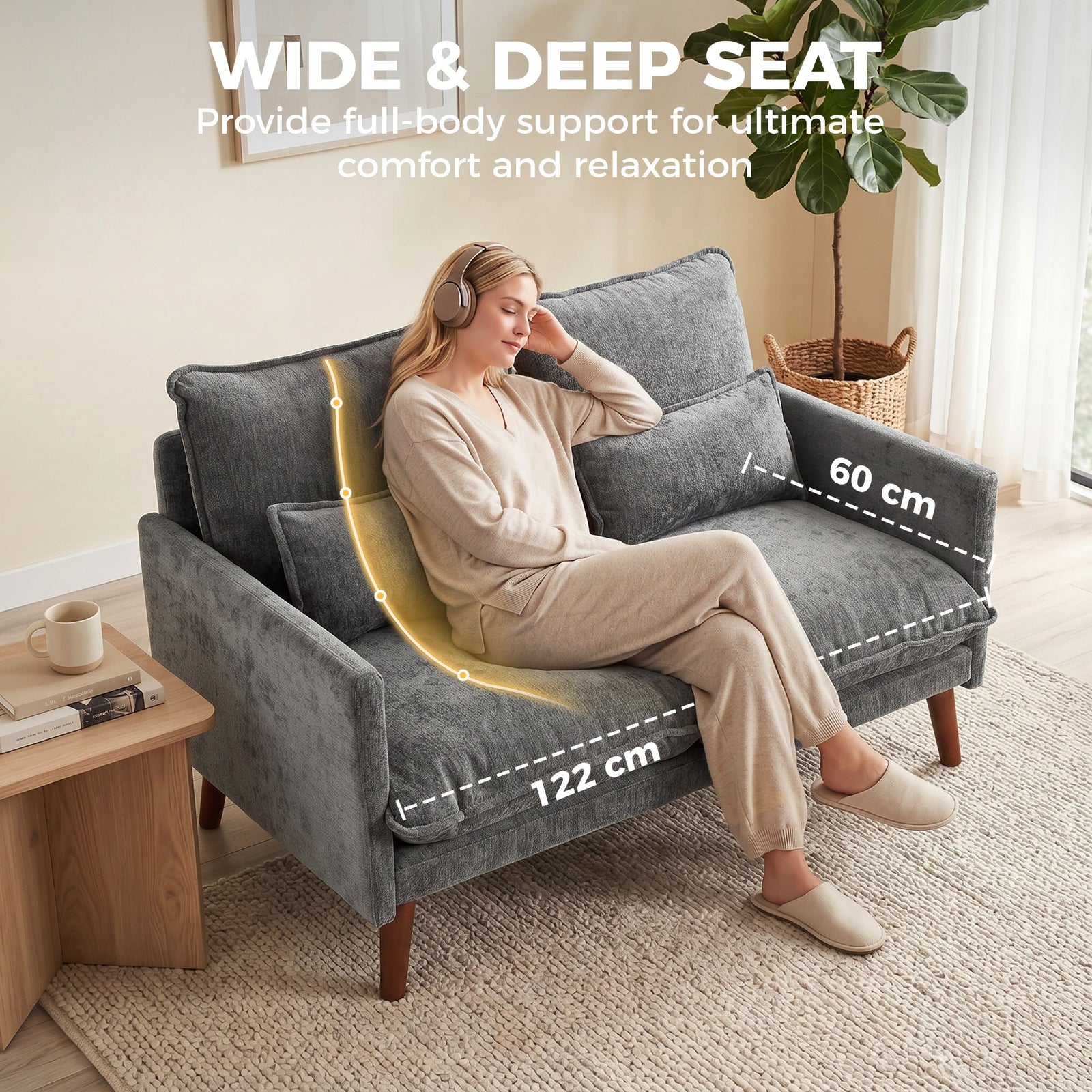 HOMCOM 2 Seater Sofa, Loveseat Sofa with Spring Cushions, Wide and Deep Seat, Wood Legs, Grey