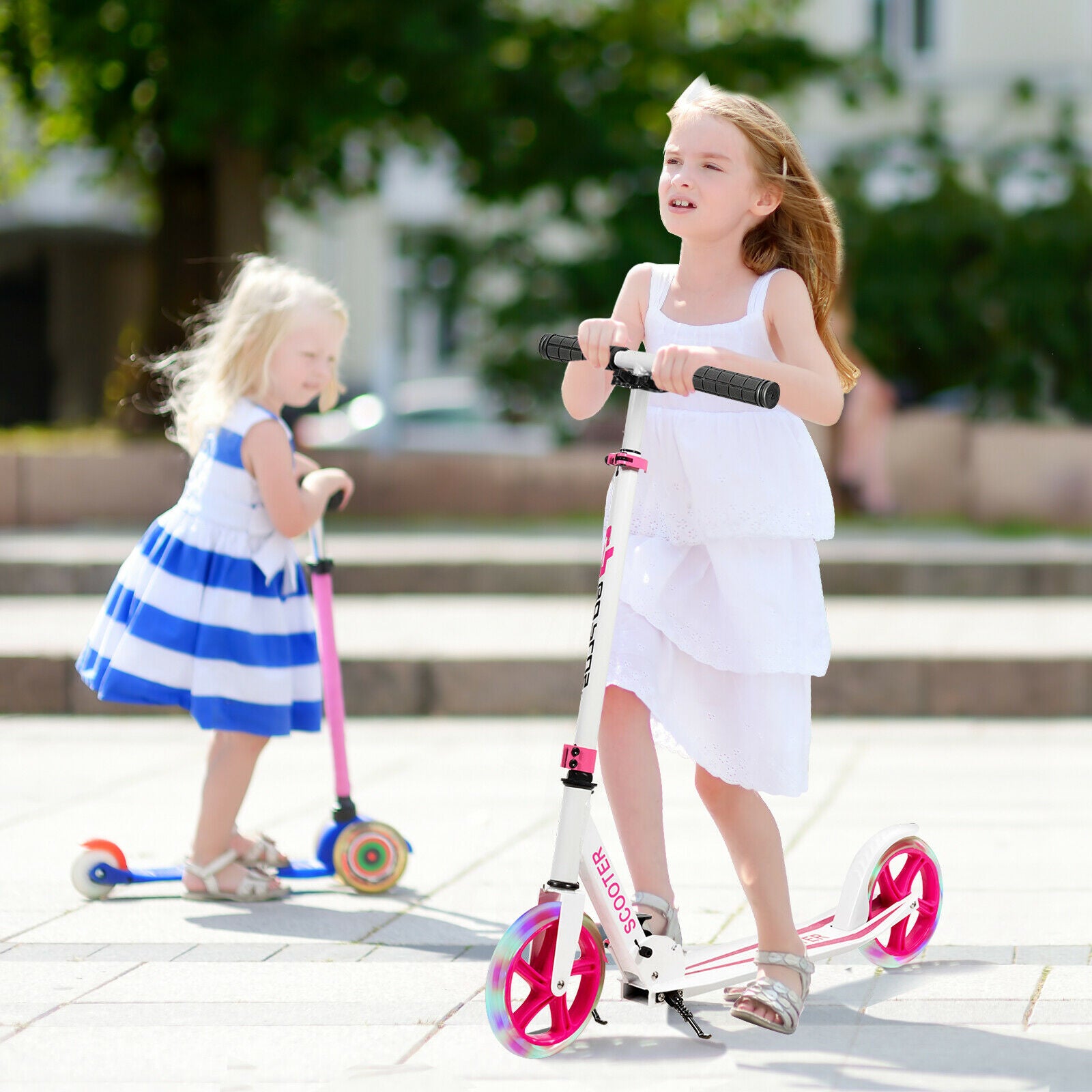 Foldable and Adjustable Kick Scooter with 2 Big Wheels and LED Lights-Pink