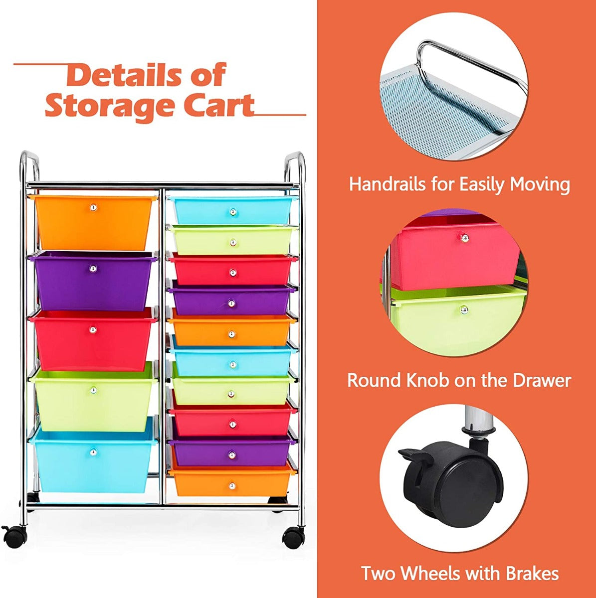 15 Drawer Rolling Storage Cart with 4 Wheels for Beauty Salon-Multicolor