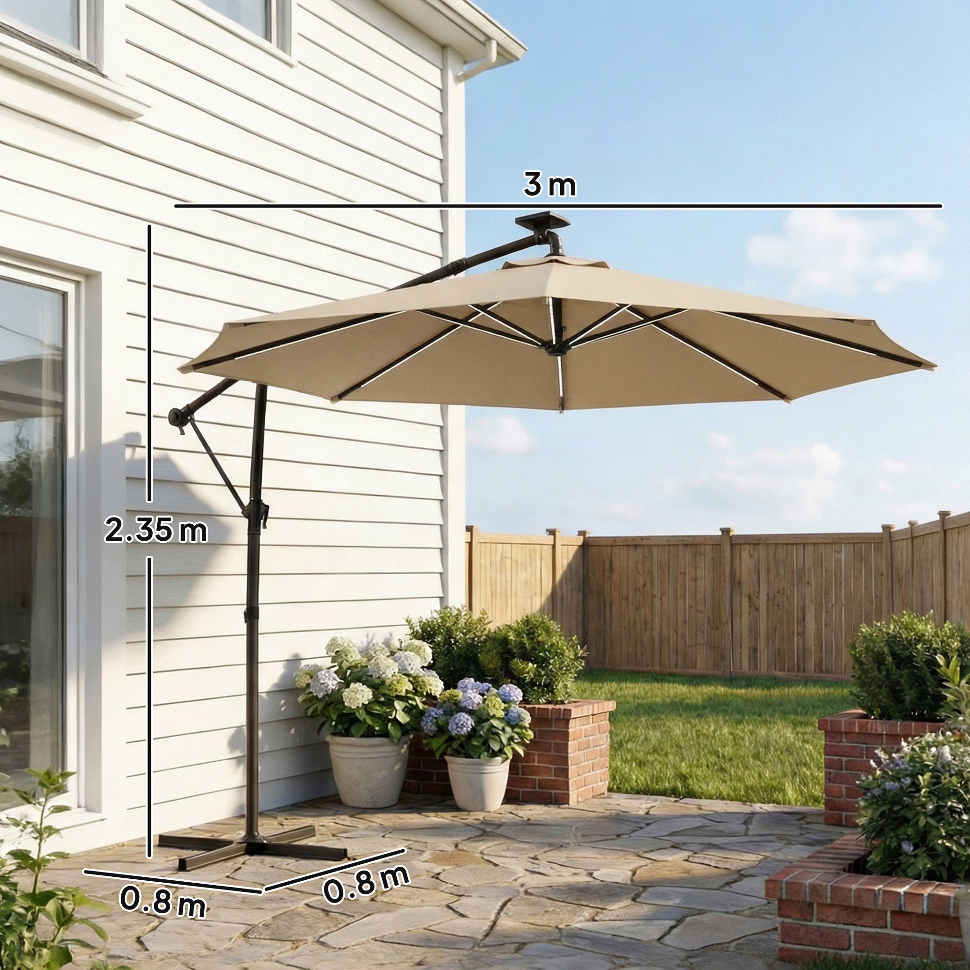 Outsunny 3 m Garden Cantilever Parasol with LED Solar Light, Round Overhanging Umbrella with 360Â° Rotation, Cover, Khaki