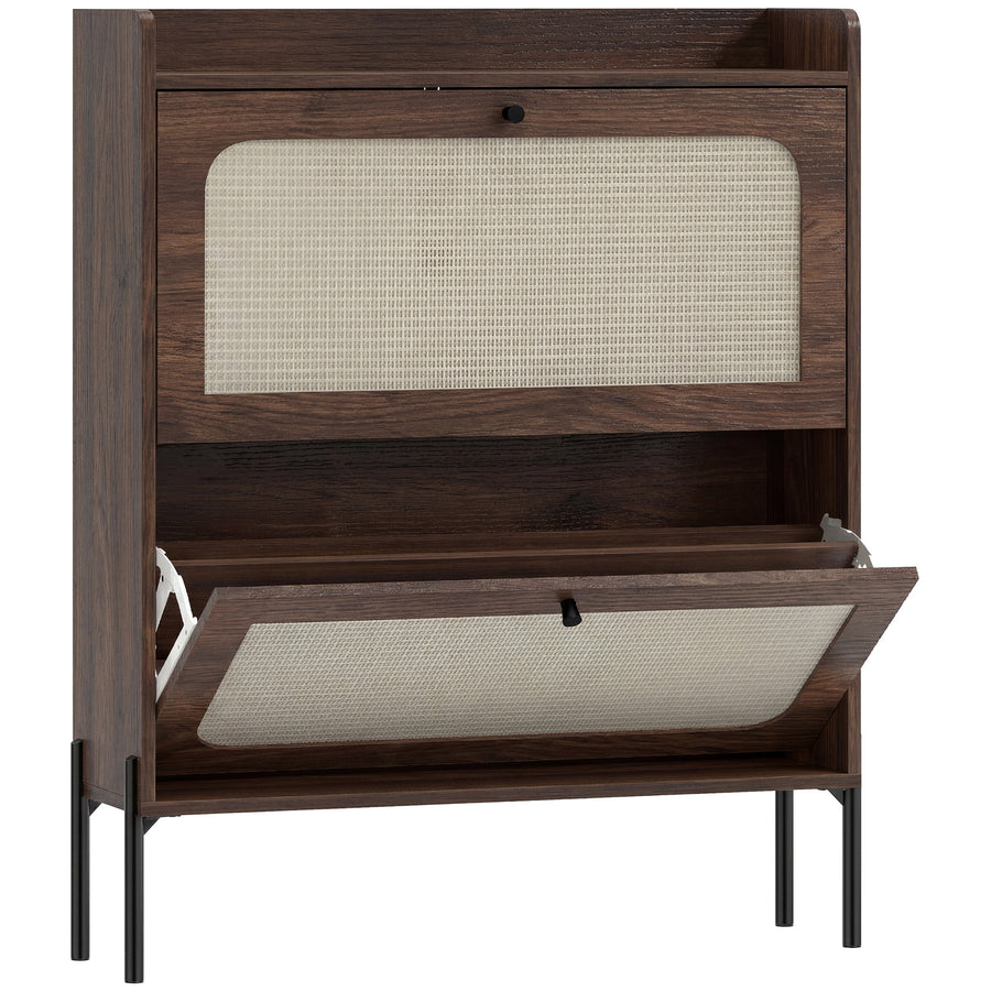 HOMCOM Shoe Cabinet with 2 Flip Drawers, Boho Narrow Shoe Storage Cabinet, Dark Brown
