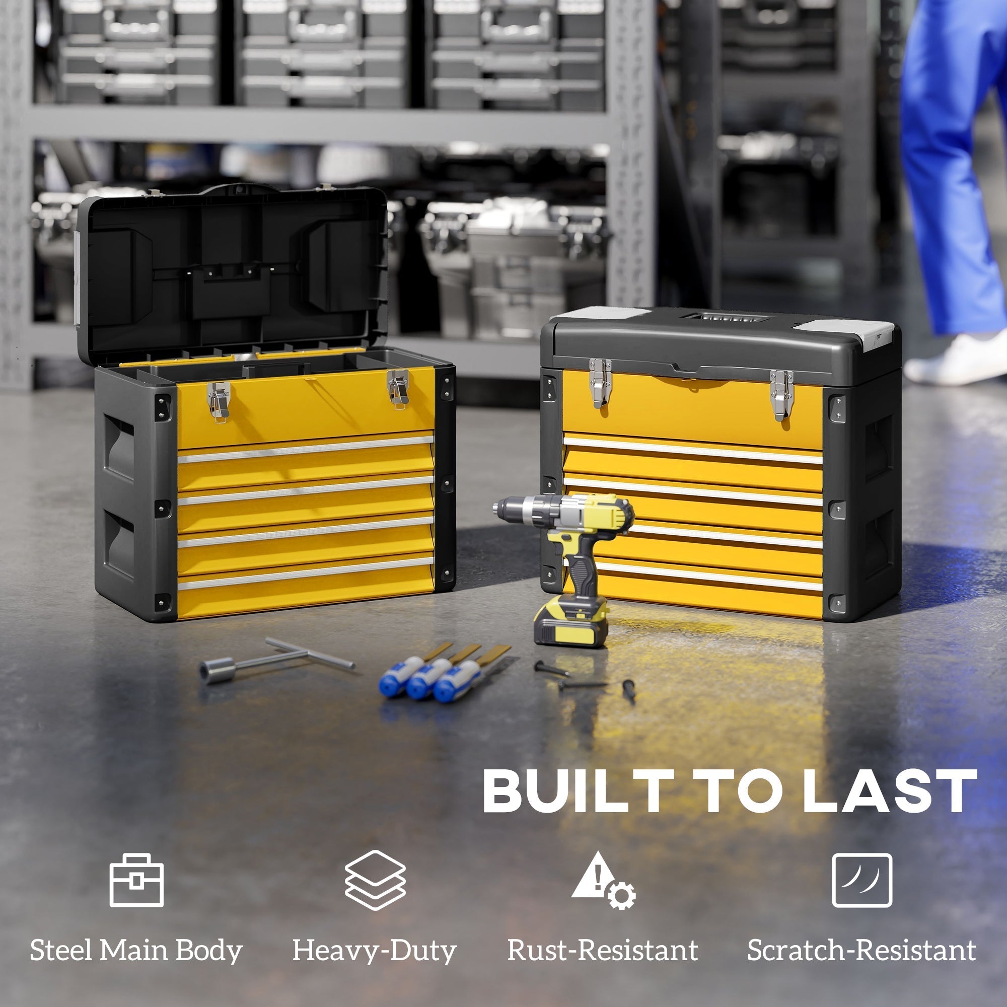 HOMCOM 4 Drawers Large Toolbox - Yellow