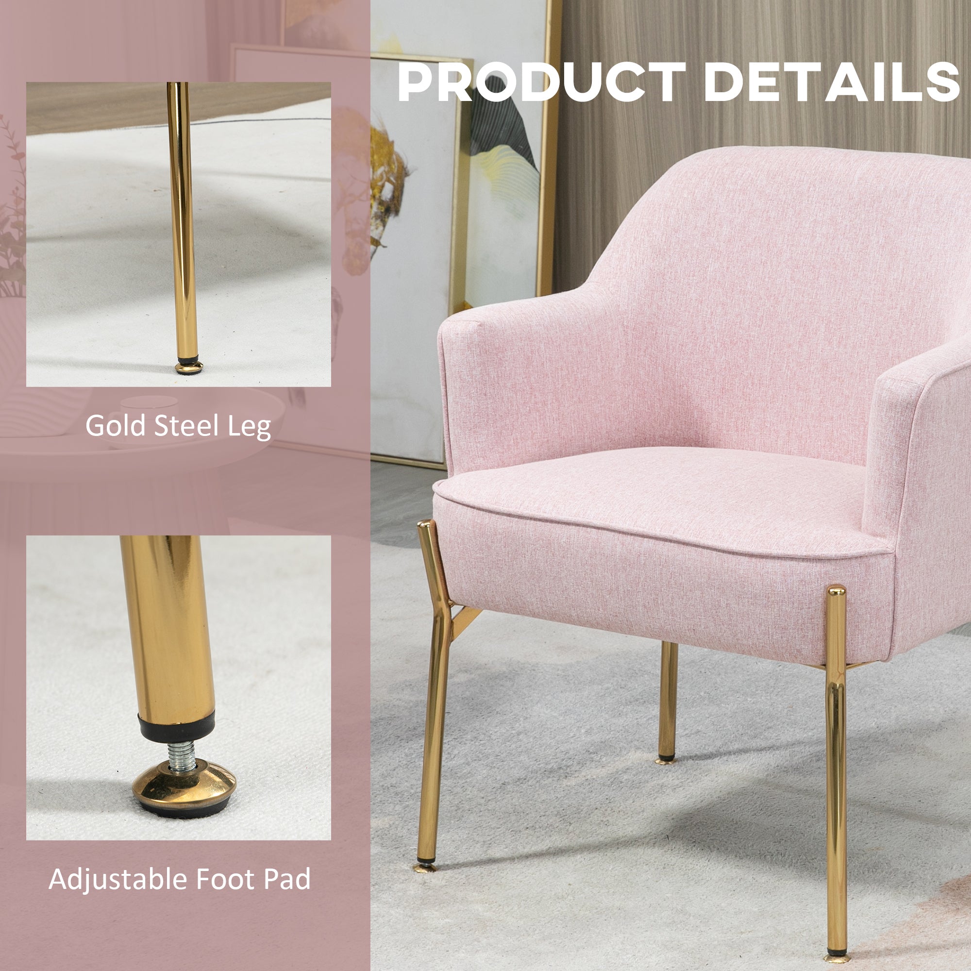 HOMCOM Accent Chair, Living Room Armchair, Vanity Chair with Gold Plating Metal Legs and Soft Padded Seat for Bedroom and Caf√É¬©, Set of 2, Pink