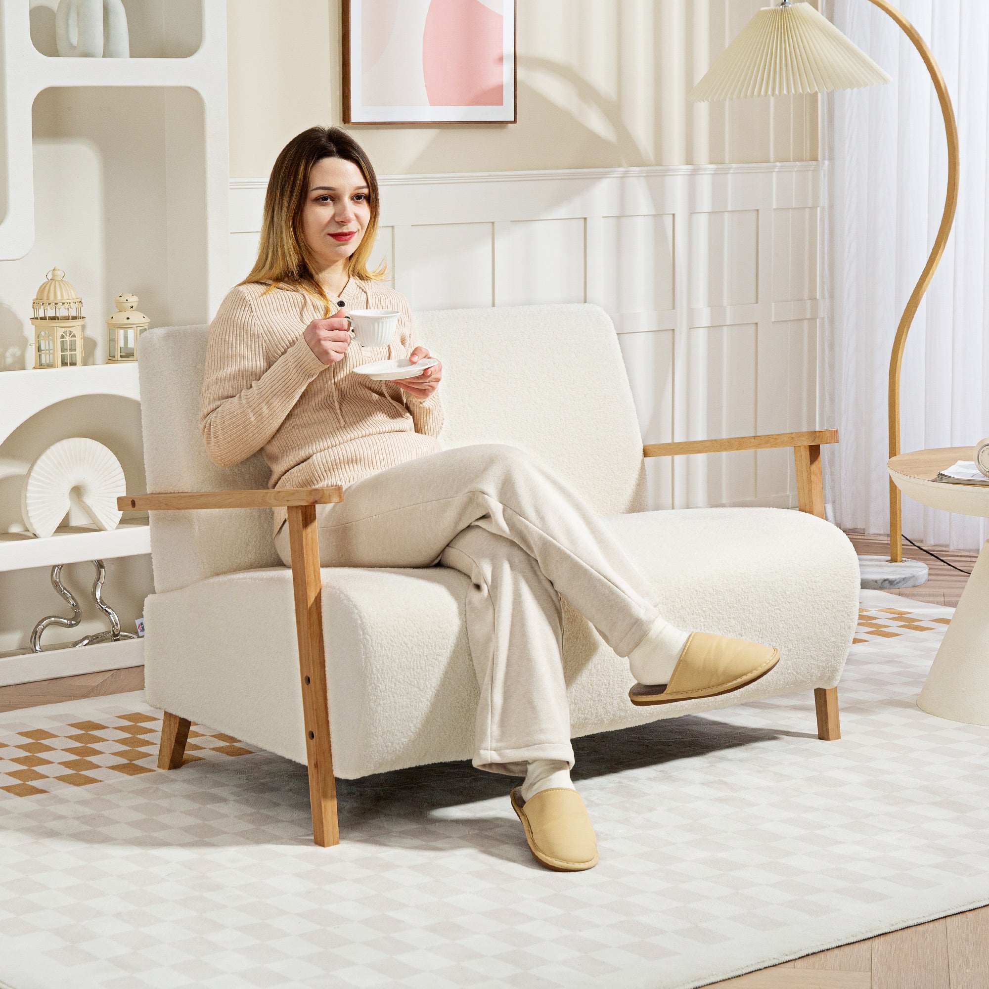 HOMCOM Small Sherpa Fabric 2 Seater Sofa Settee - Cream White