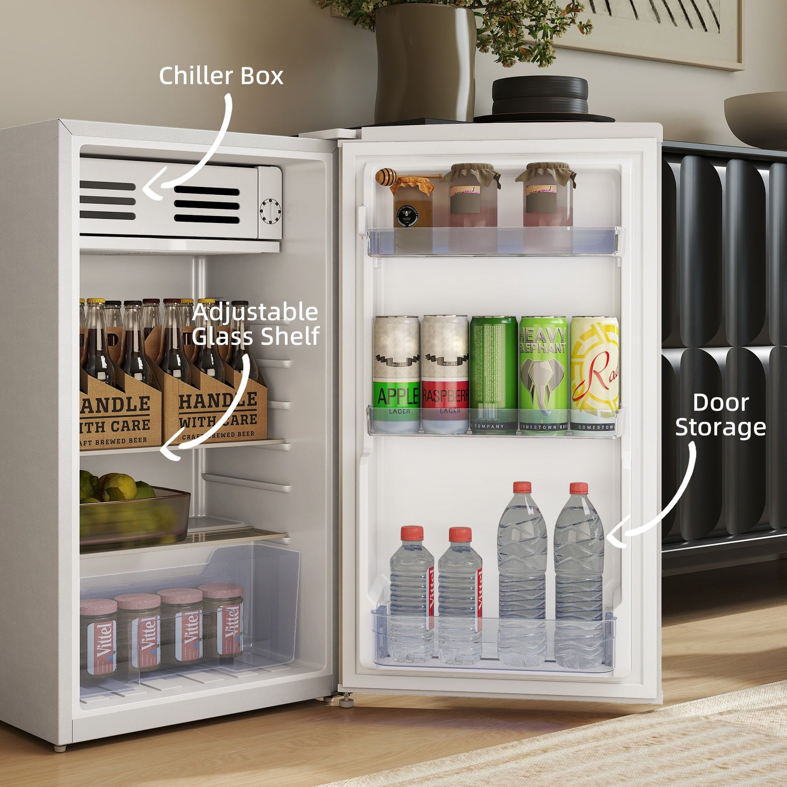 HOMCOM Under Counter Fridge, 85L Small Retro Refrigerator with Chiller Box, Adjustable Thermostat, Glass Shelves, White