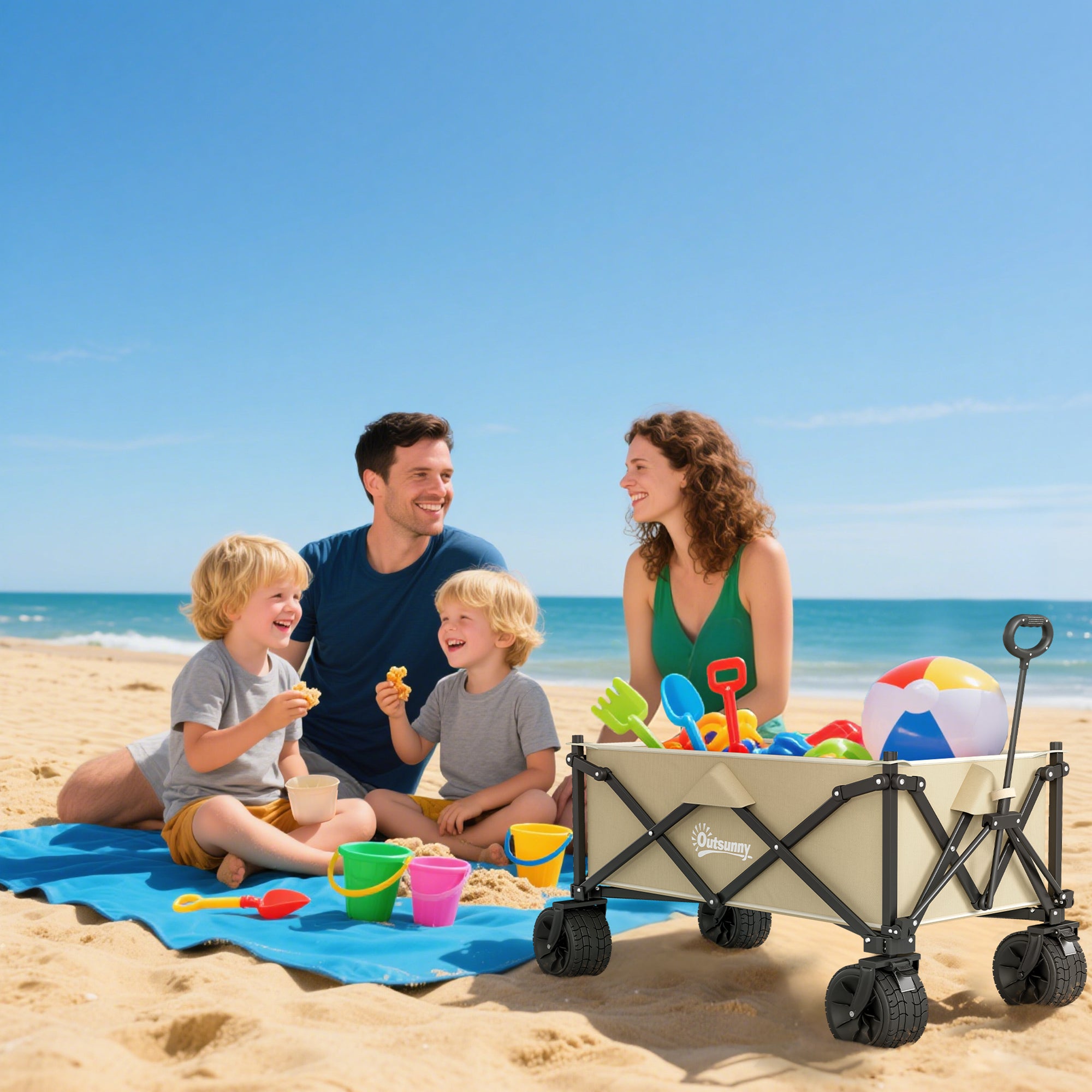 Outsunny Folding Garden Trolley, Outdoor Wagon Cart with Carry Bag, for Beach, Camping, Festival, 120KG Capacity, Khaki