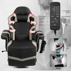 Gaming chair showing massage modes and areas for back and waist