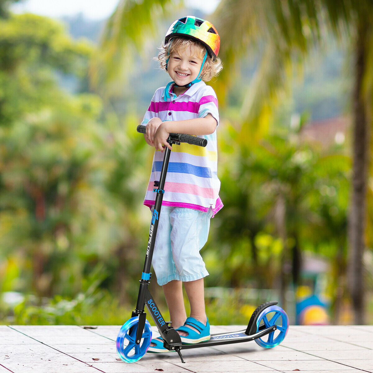 Foldable and Adjustable Kick Scooter with 2 Big Wheels and LED Lights-Blue