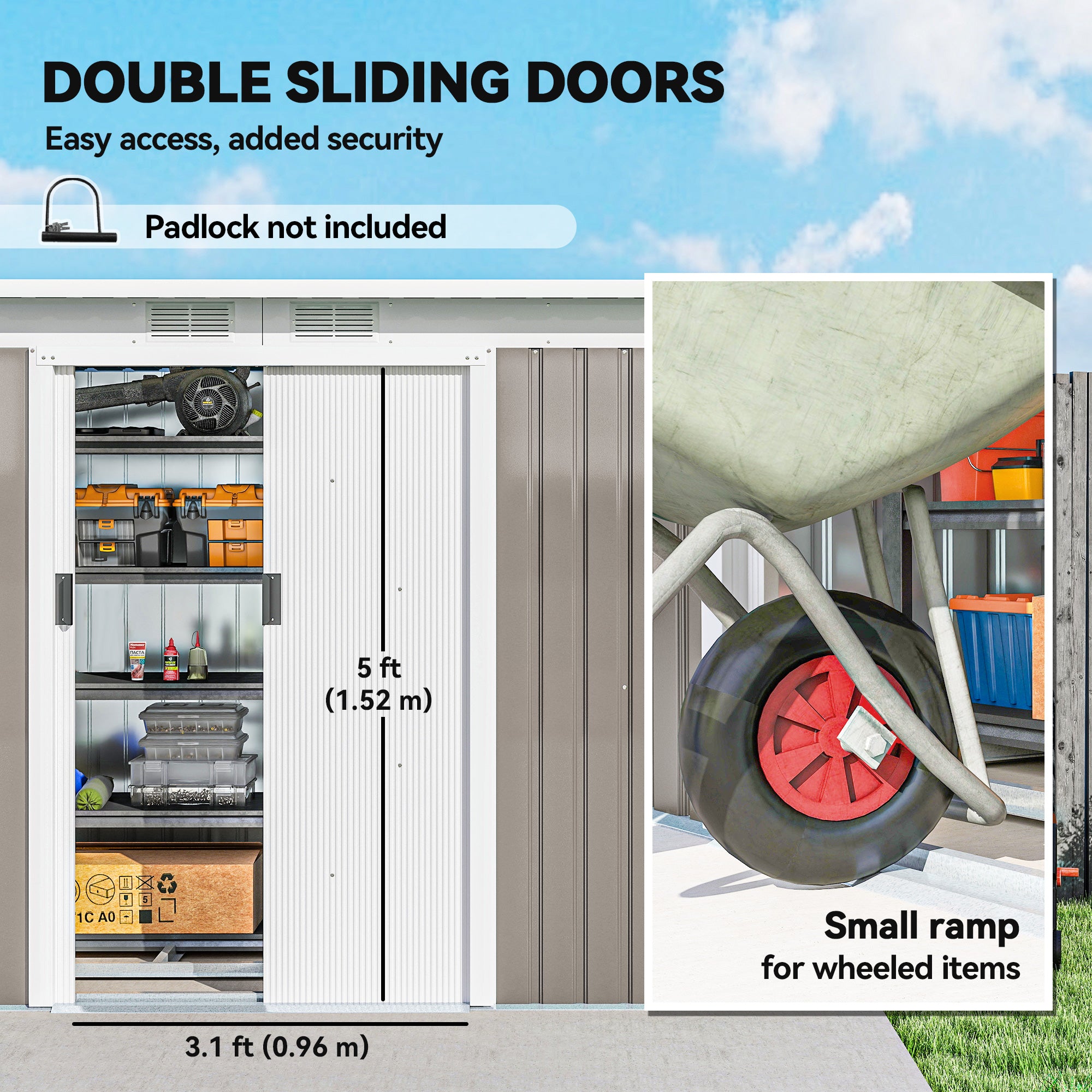 Outsunny Corrugated Garden Metal Storage Shed Outdoor Equipment Tool Box with Kit Ventilation Doors 9x 4FT Light Grey