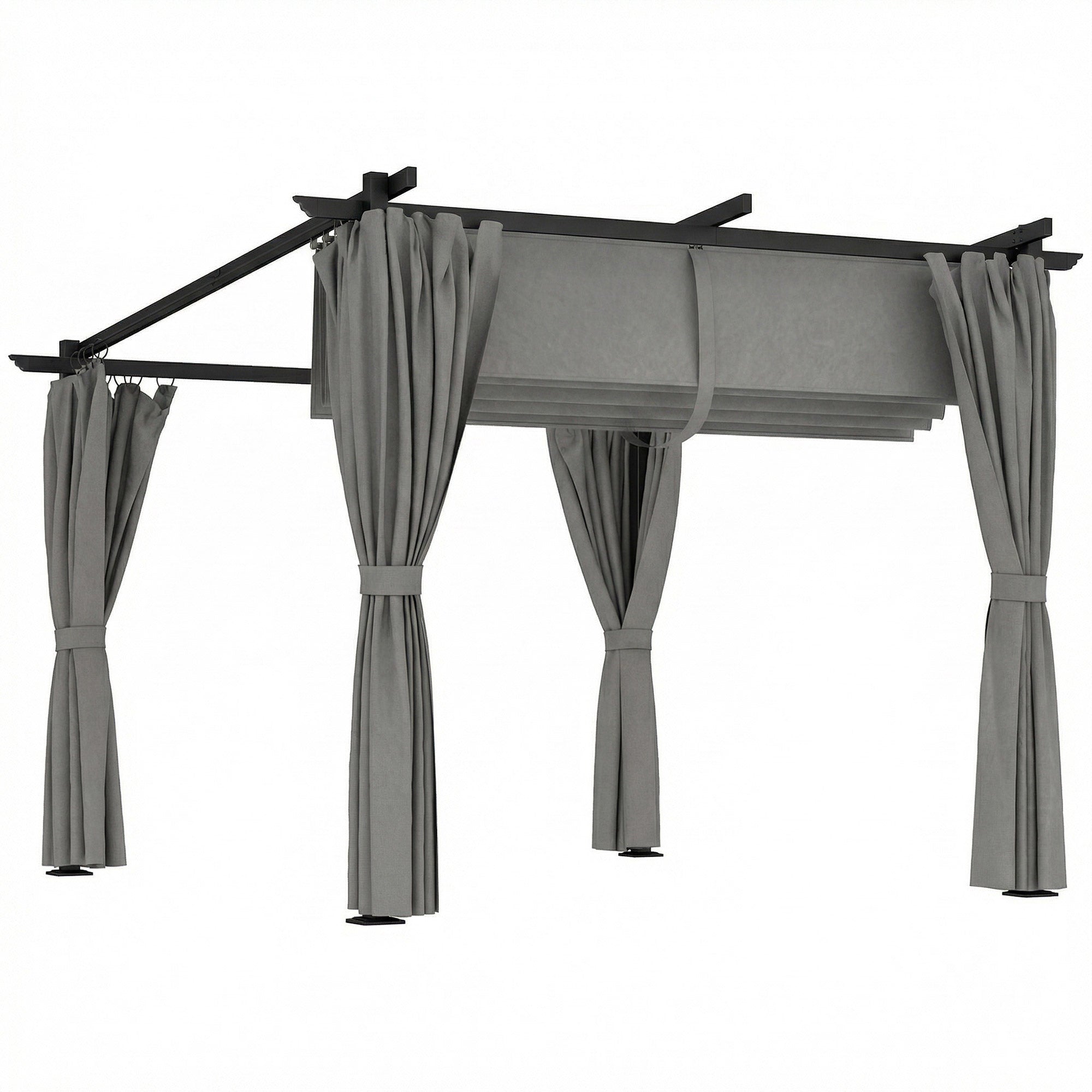 Outsunny 3 x 3 m Retractable Roof Pergola, with Curtains - Light Grey