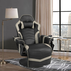 The grey gaming chair in a modern room with a lamp and side table