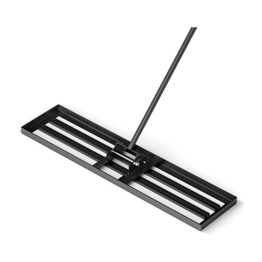 75/91/106 x 25cm Lawn Leveling Rak with Ergonomic Handle, a black metal rake with a long handle