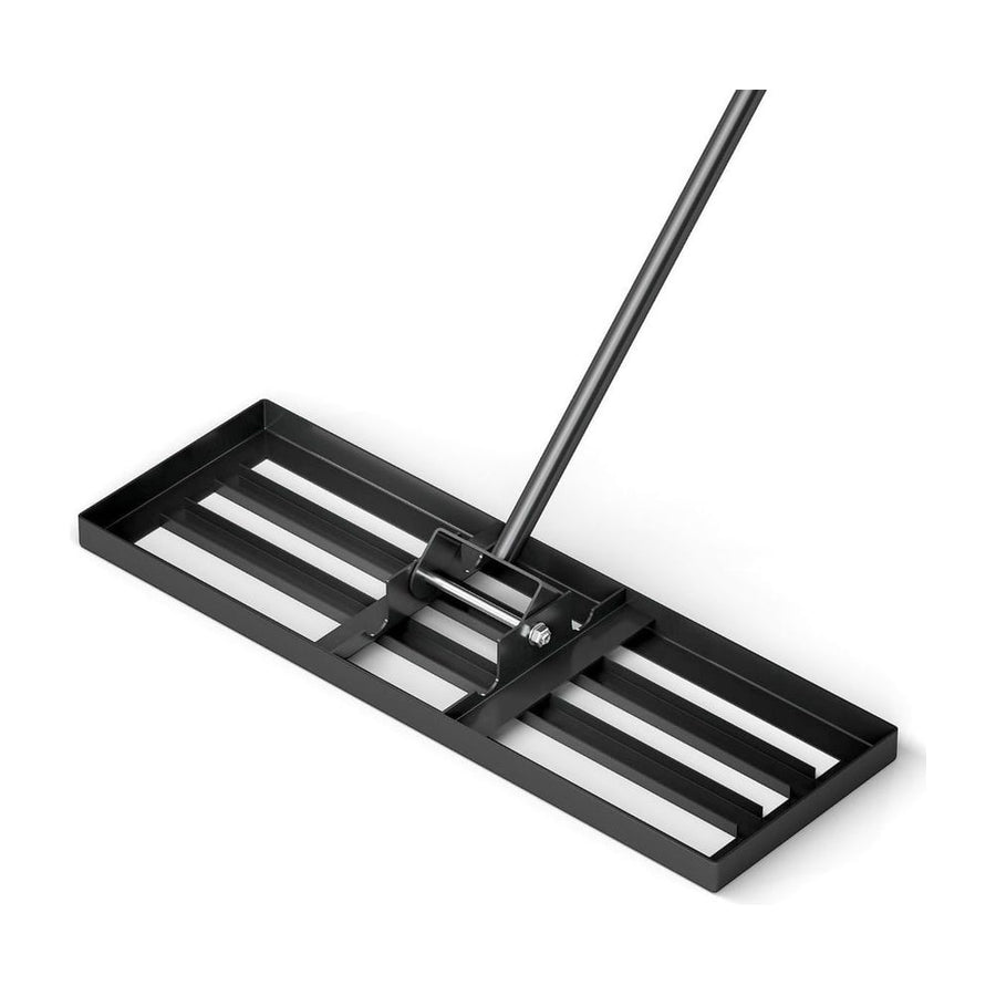 75/91/106 x 25cm Lawn Leveling Rak with Ergonomic Handle, a black metal rake with a long handle against a white background