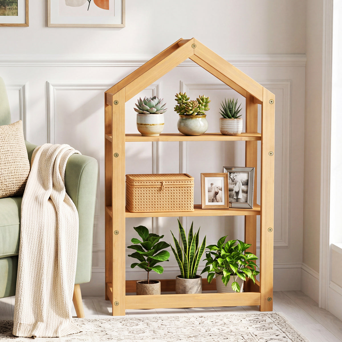 75 cm House-Shaped Plant Stand with Solid Acacia Wood Frame
