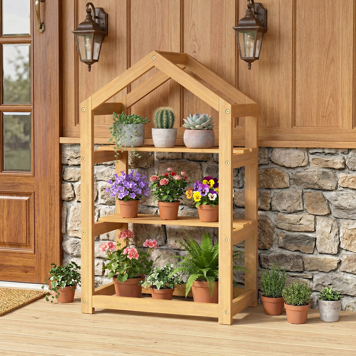 75 cm House-Shaped Plant Stand with Solid Acacia Wood Frame