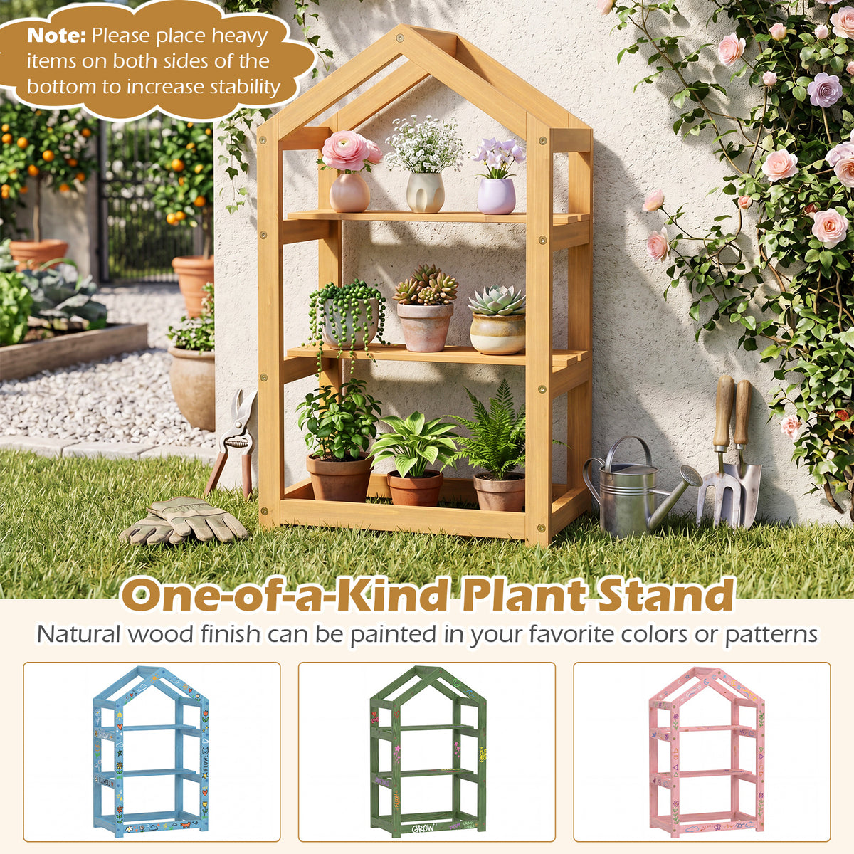 75 cm House-Shaped Plant Stand with Solid Acacia Wood Frame