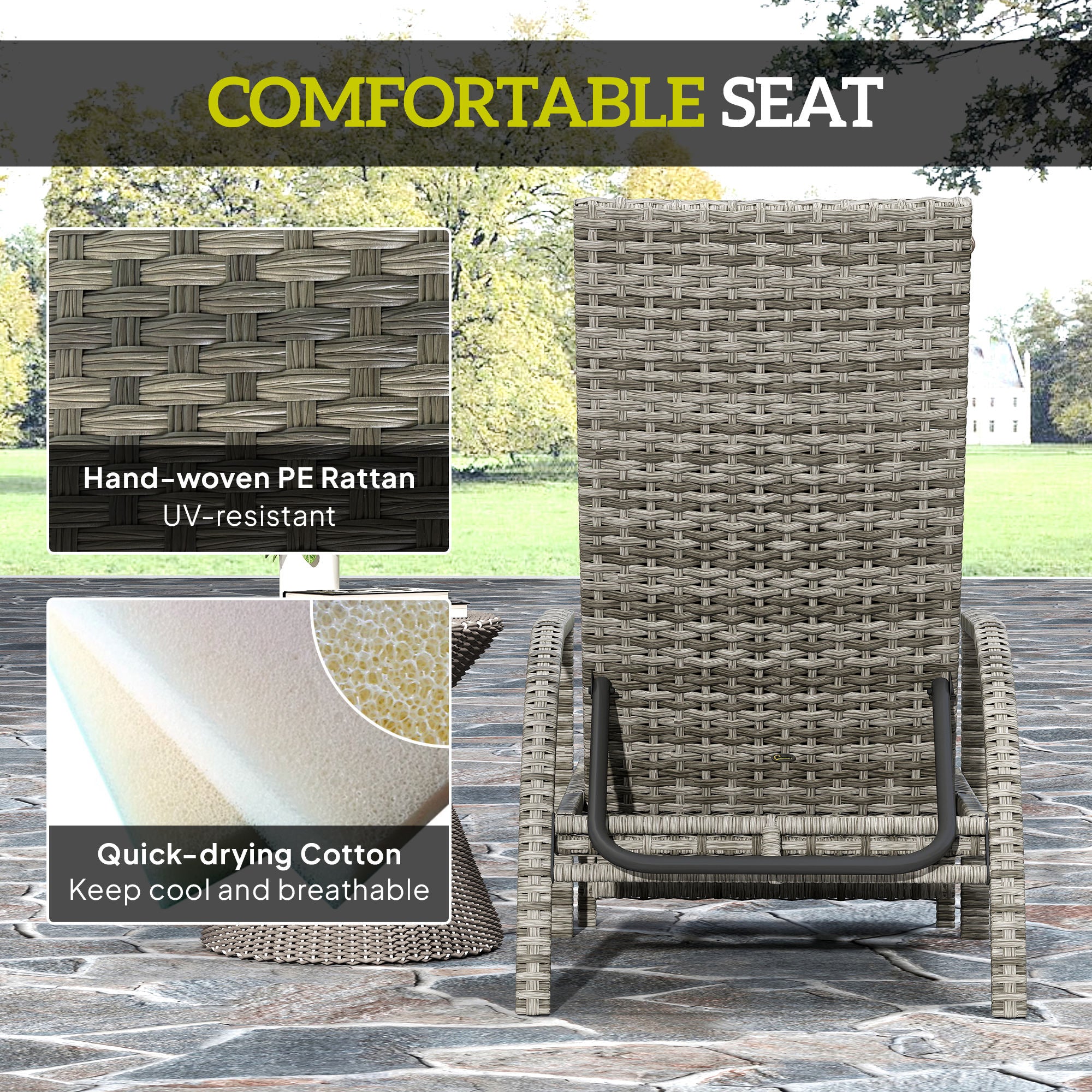 Outsunny Reclining Rattan Lounger, with Extending Footrest - Grey