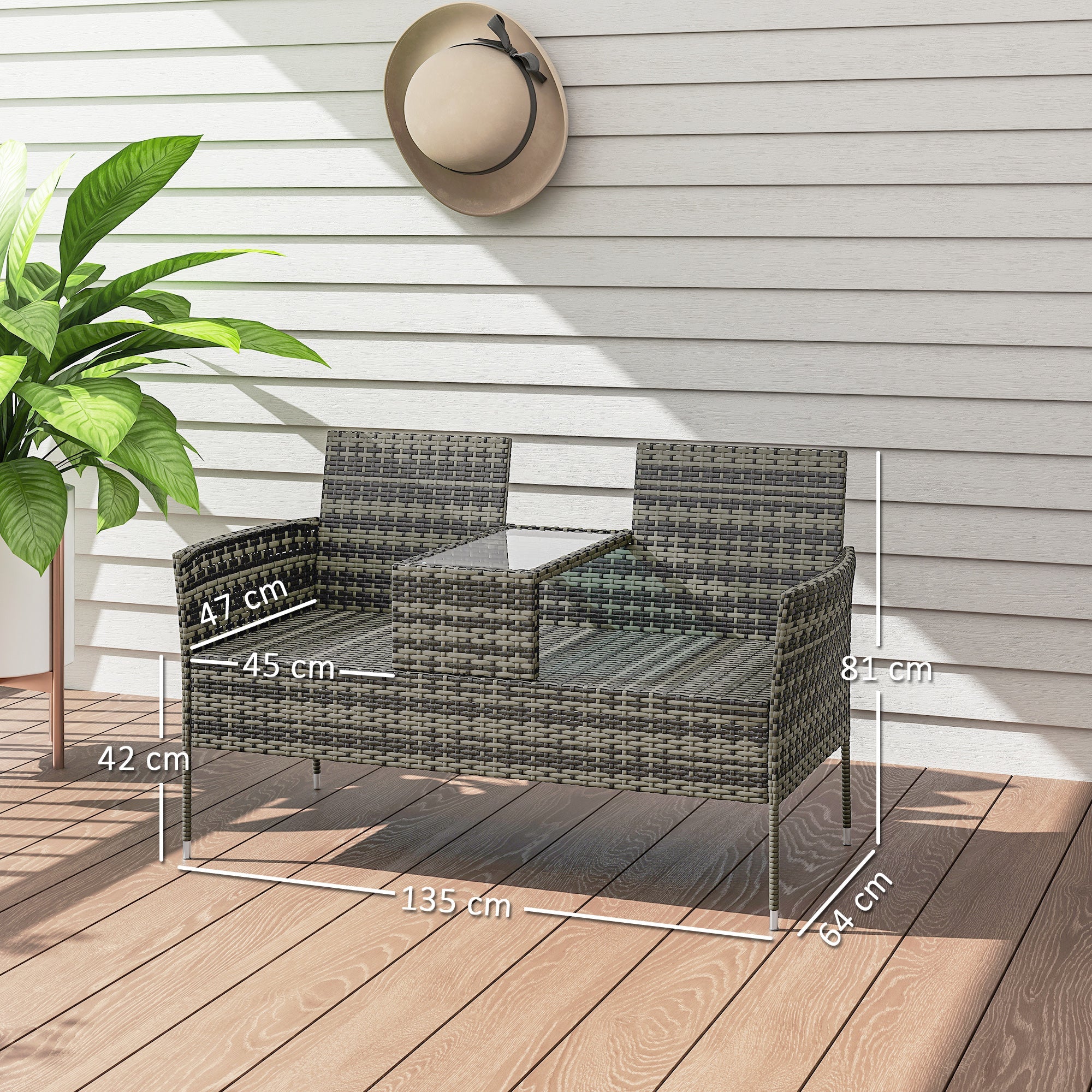 Outsunny Two-Seat Rattan Chair, with Middle Table - Charcoal Grey