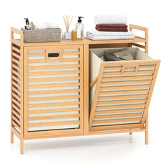 75L Double Tilt-out Laundry Hamper Bamboo with 2 Removable Bins-Natural