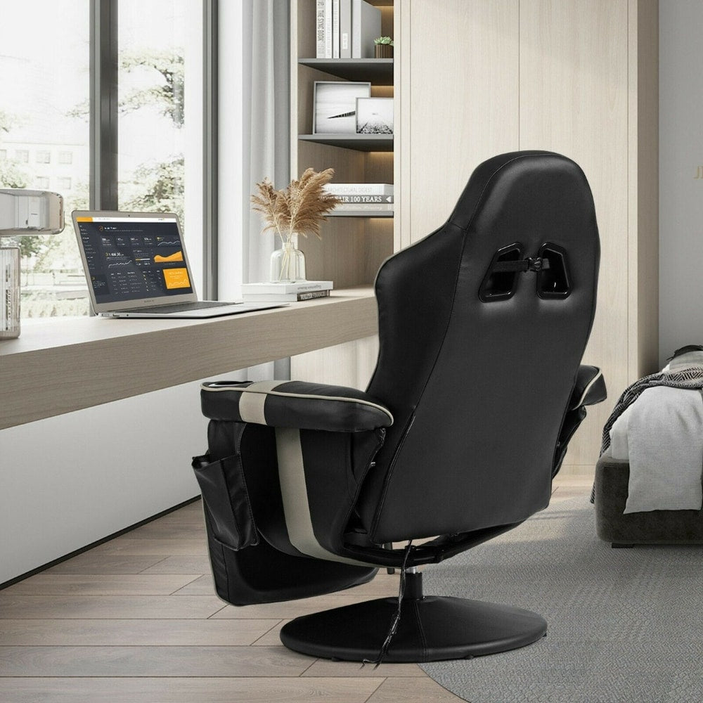 The grey gaming chair from the back in a home office setting