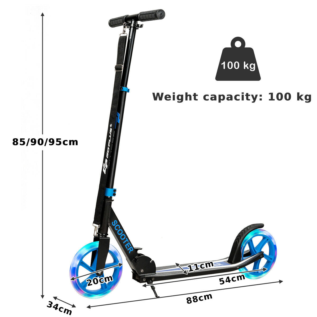 Foldable and Adjustable Kick Scooter with 2 Big Wheels and LED Lights-Blue