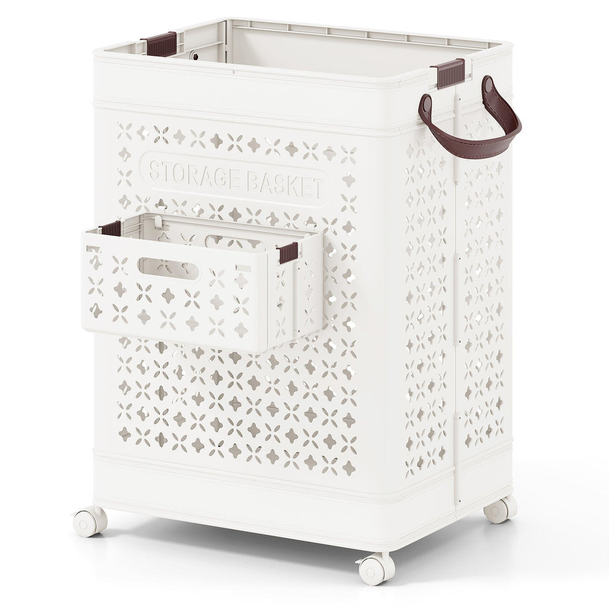 The laundry basket featuring a small detachable storage compartment and brown carry handles