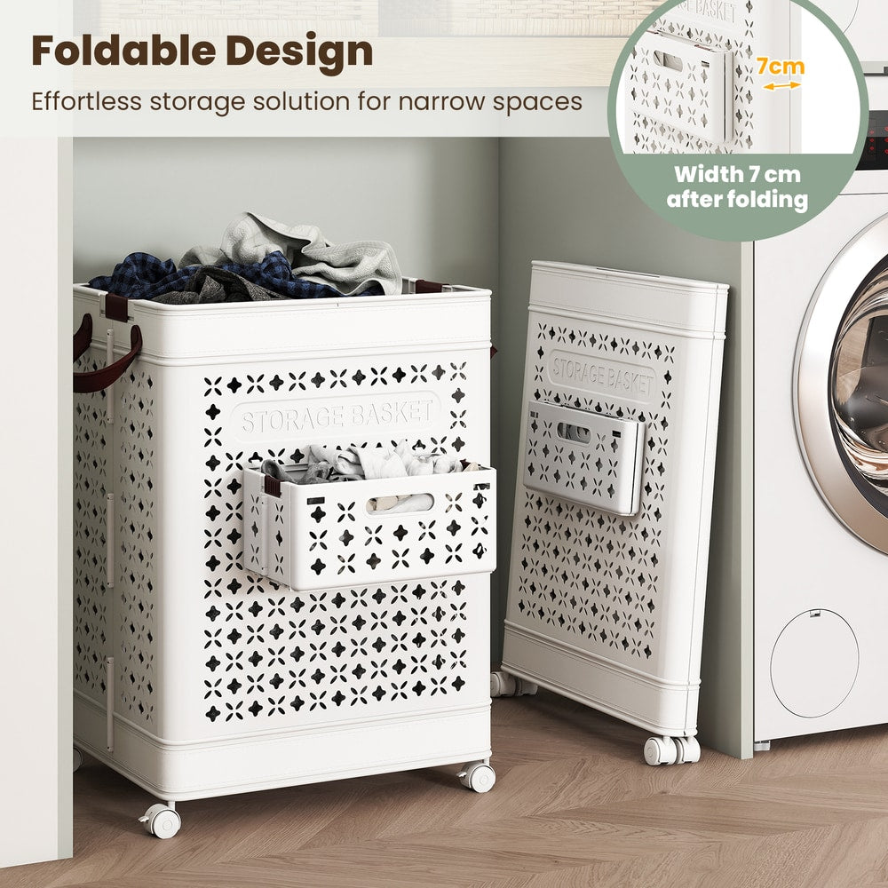 The laundry basket demonstrating its slim profile when folded for storage in narrow spaces