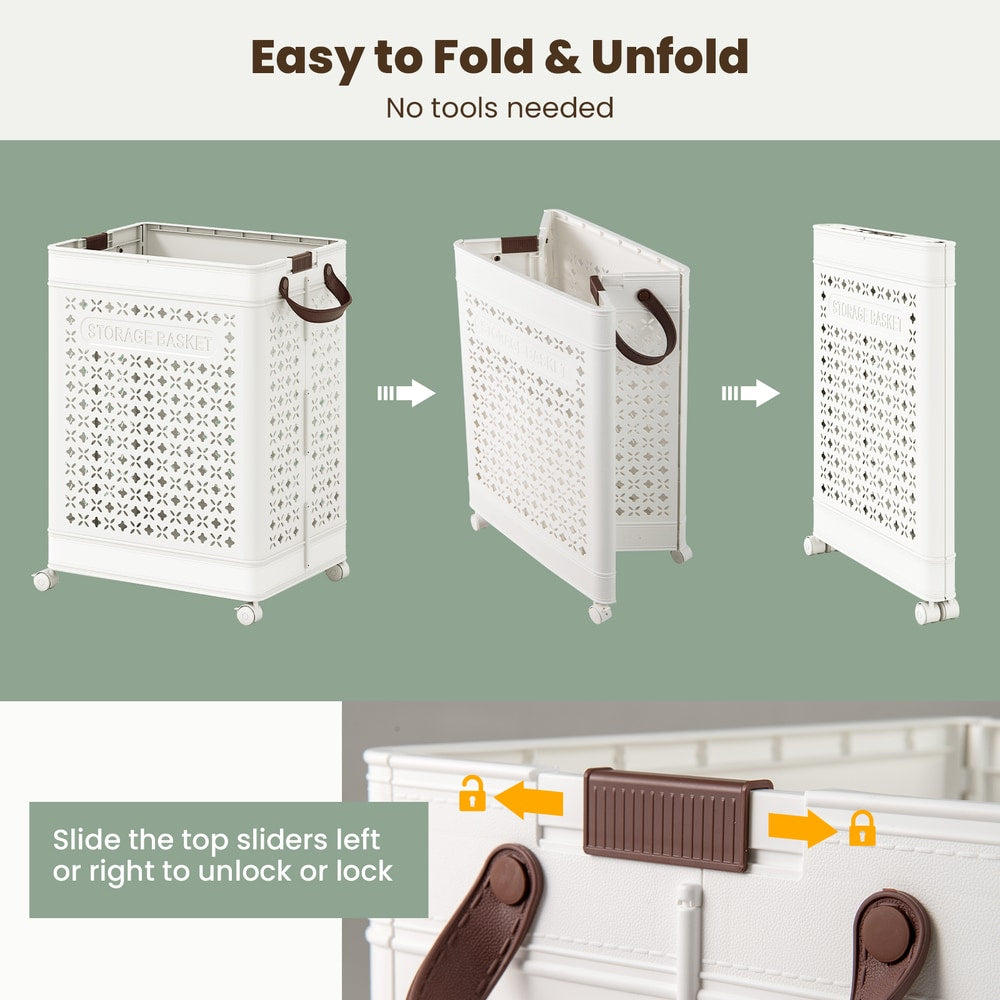 The laundry basket showing the step by step folding process and the locking slider mechanism