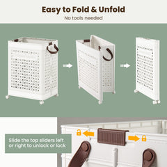 The laundry basket showing the step by step folding process and the locking slider mechanism