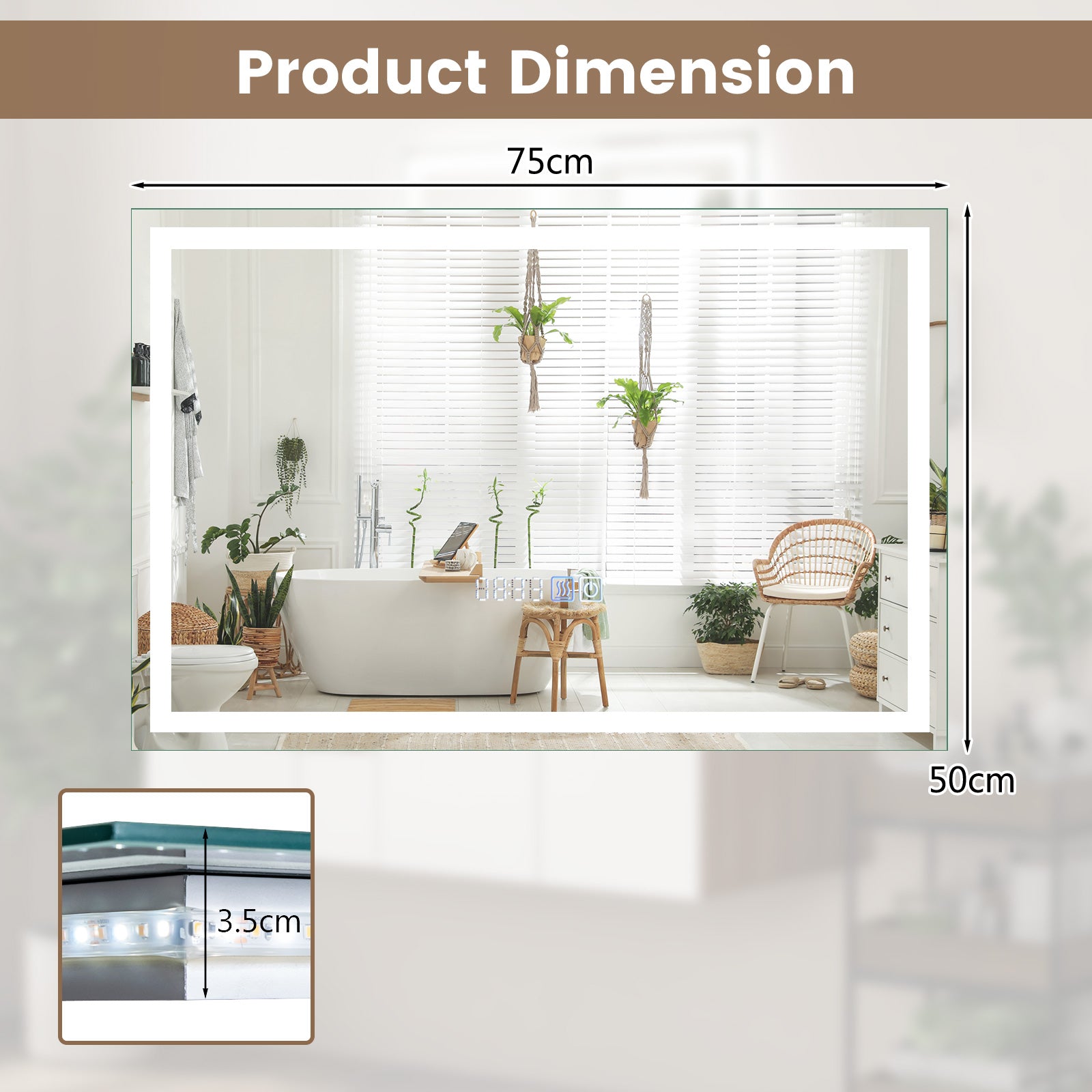 75 x 50 CM LED Wall Mounted Rectangle Mirror with 3-Color Dimmable Lights