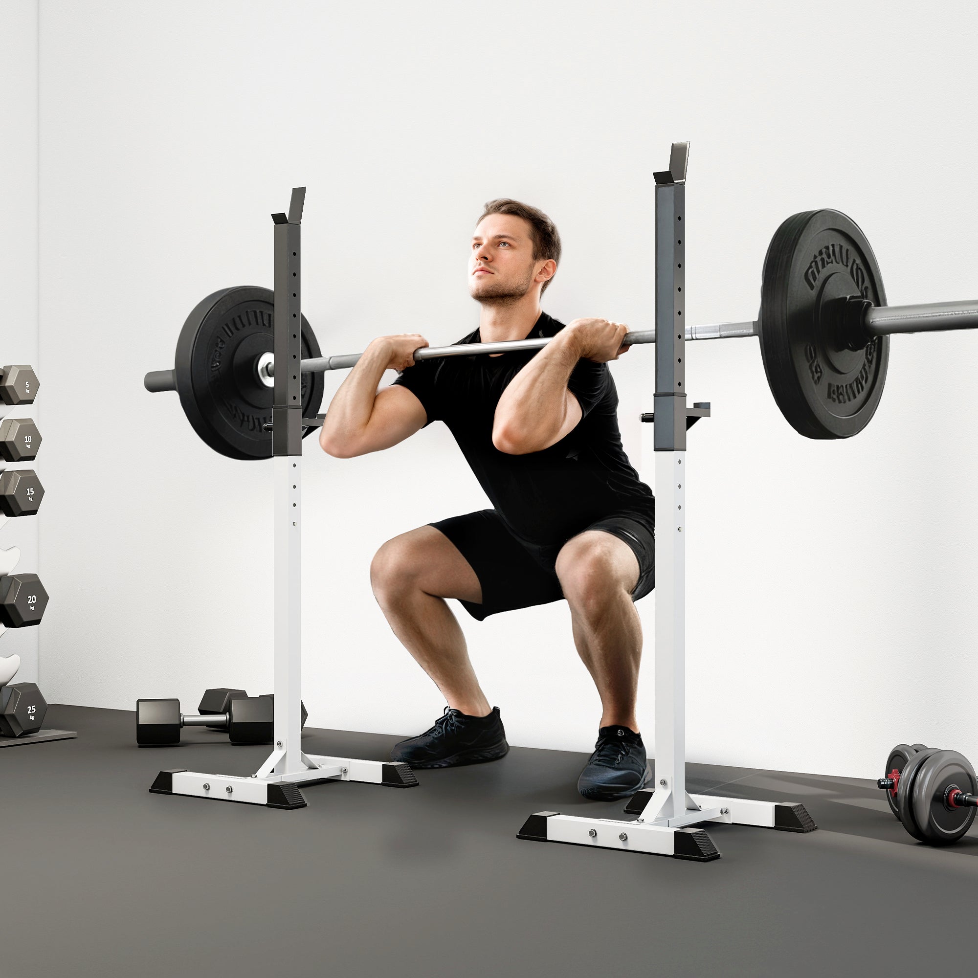 HOMCOM Heavy Duty Weight Bar Barbell Squat Stand Barbell Rack Spotter, for Home, Gym - Black