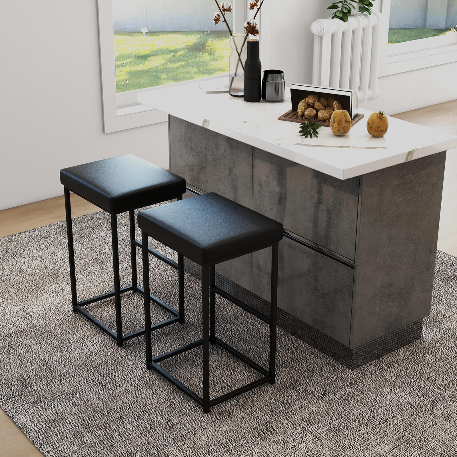 76 cm Barstools Set of 2 with PU Leather Cover and Footrest-Black
