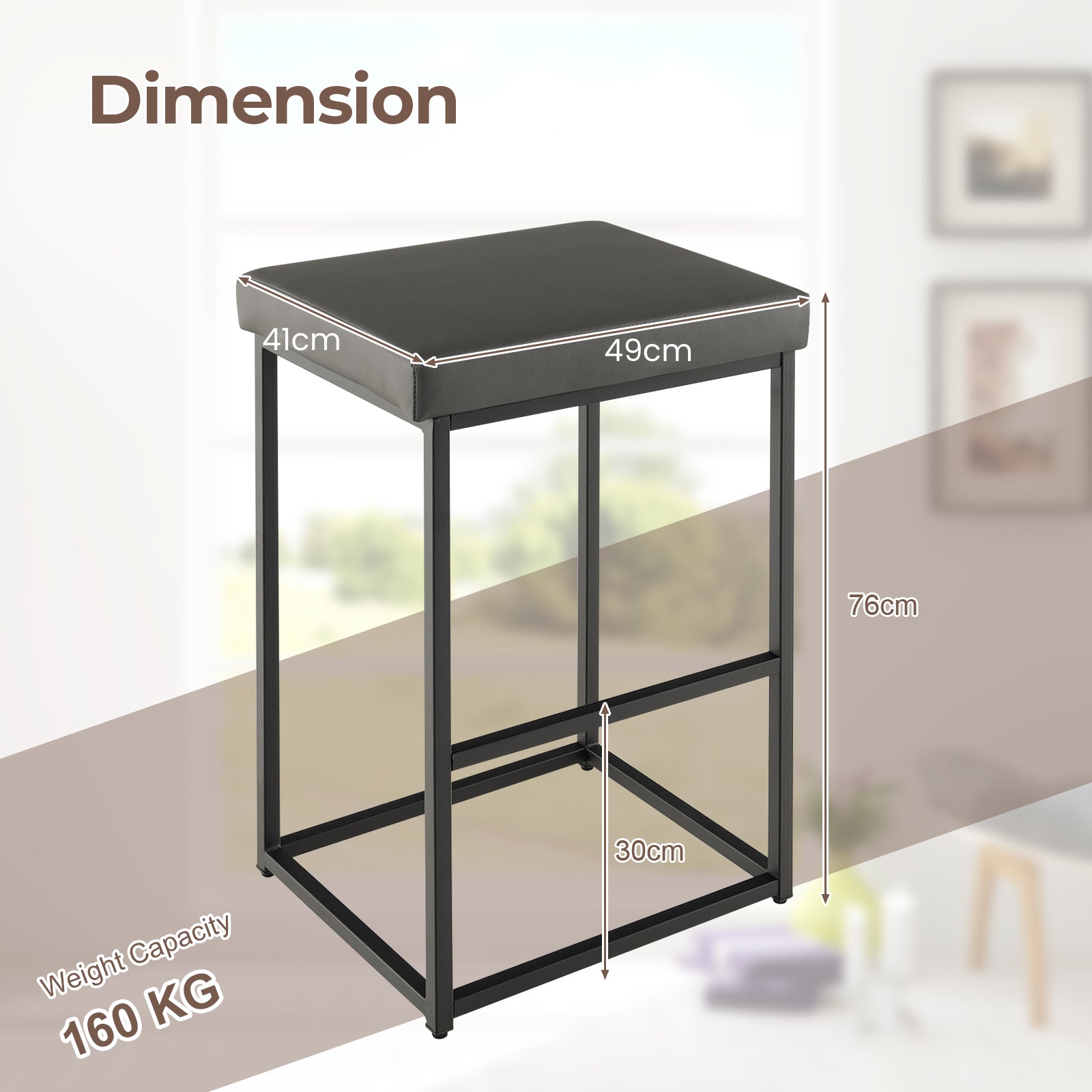 76 cm Barstools Set of 2 with PU Leather Cover and Footrest-Grey