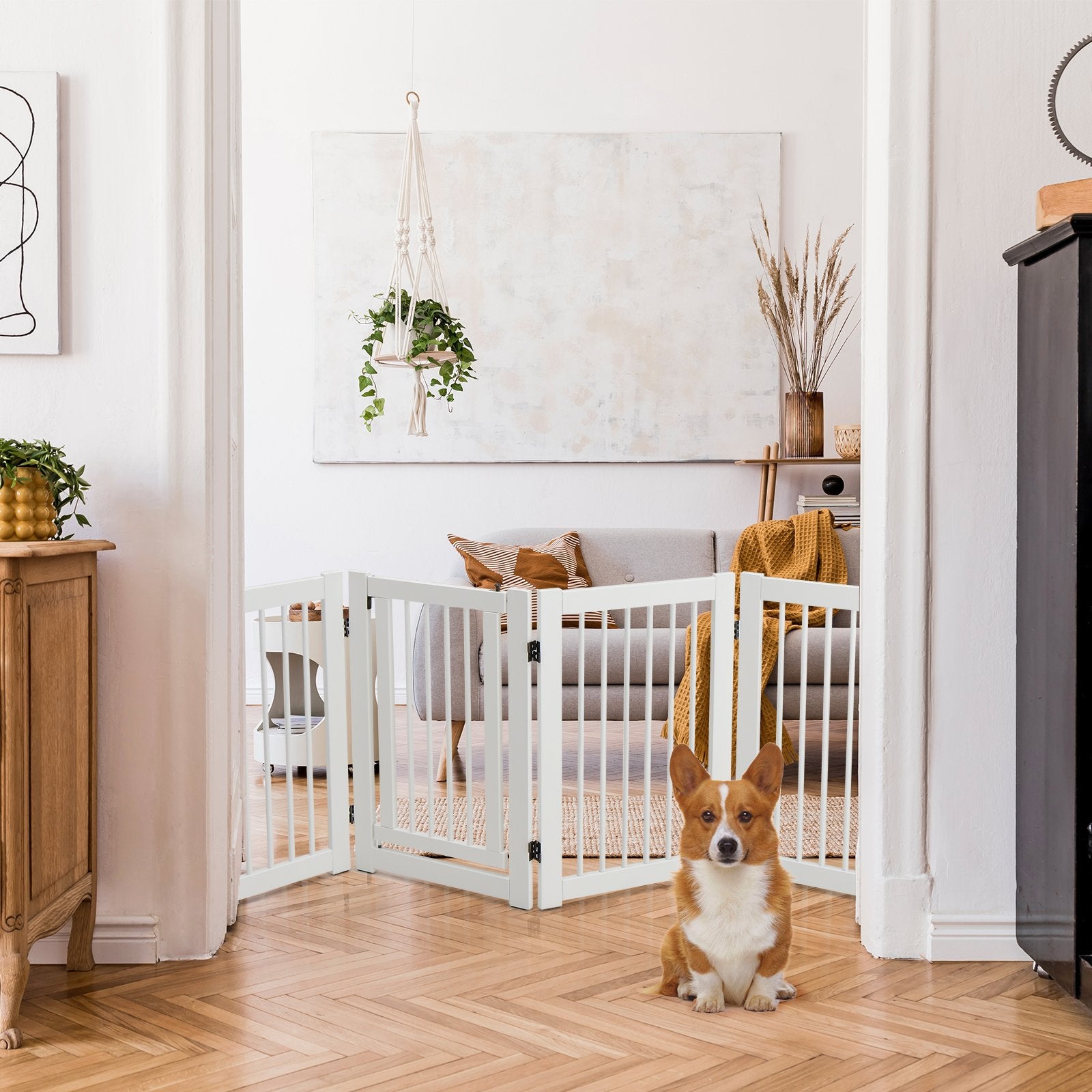 4 Panels Wooden Dog Gate with Door Walk Through-White